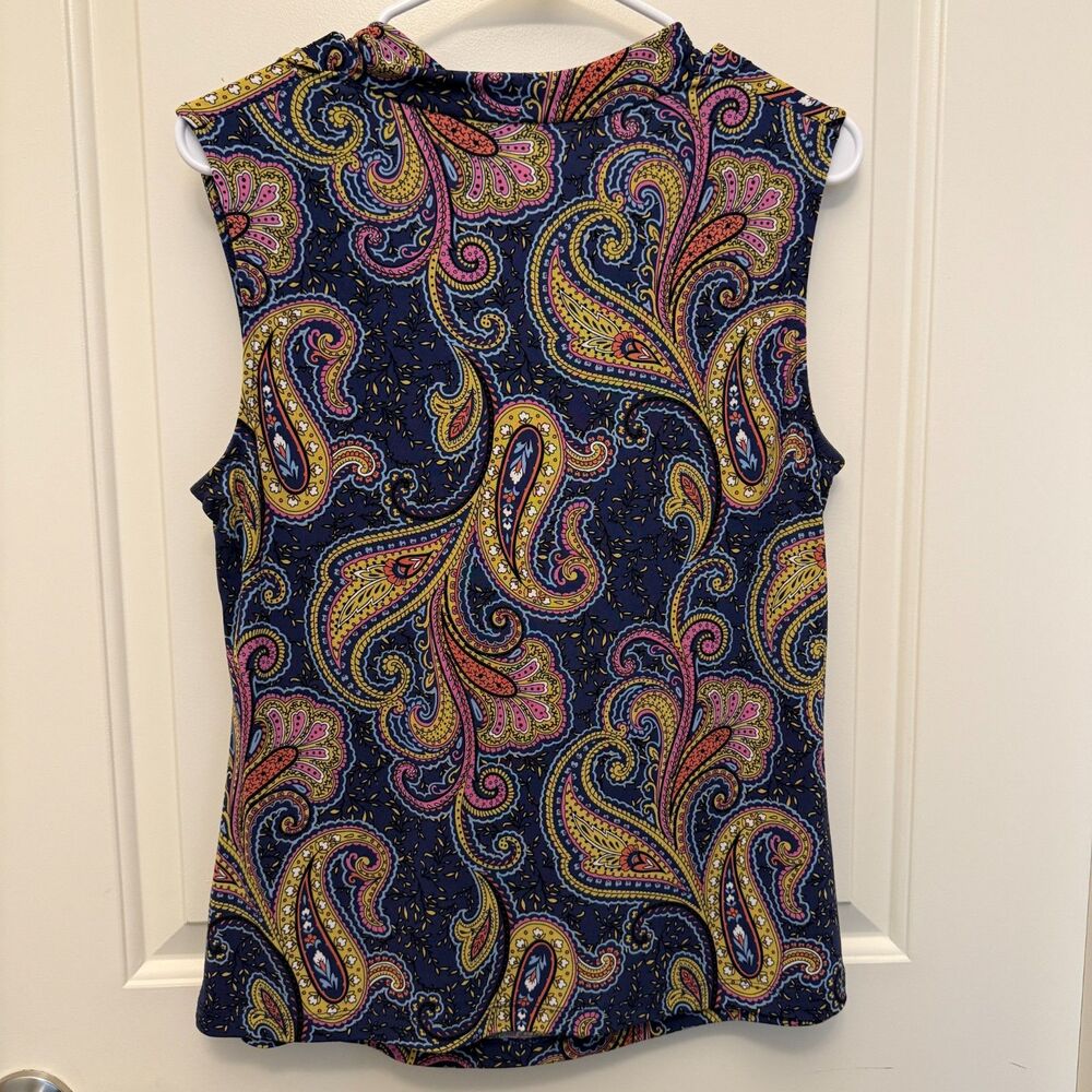 Tahari Paisley Cowl Neck Sleeveless Blouse L Navy Stretchy - Picture 6 of 6